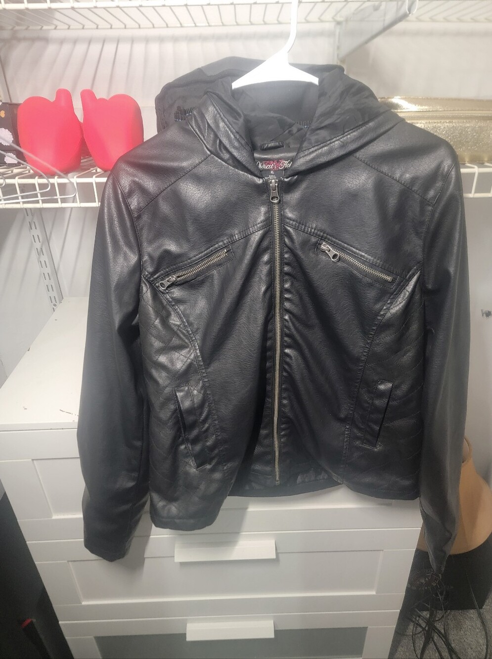 Black Faux Leather Hooded Jacket Y2K